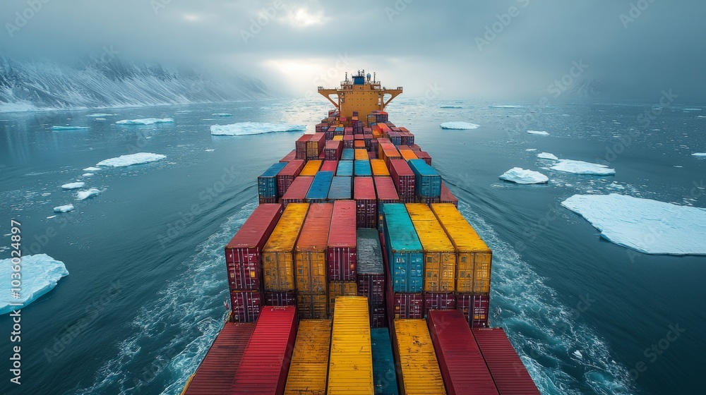 Poster a large cargo ship makes its way through chilly arctic waters, surrounded by floating icebergs under