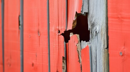 Close-up of damage on red wooden fence with weathered texture after intense hurricane concept