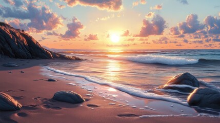 Waves of the sea reach the sandy beach. A beautiful sunset over the ocean with a rocky shore. The sun is setting and the water is calm. Background of nature. Illustration for cover, card, screen, etc