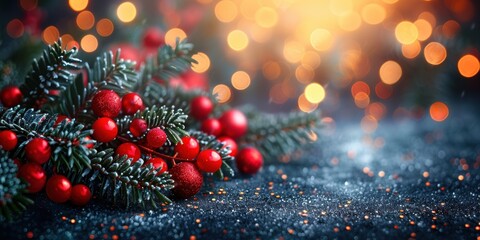 Festive holiday season decorative image featuring close-up of Christmas fir branches with red baubles and glowing bokeh lights in the background
