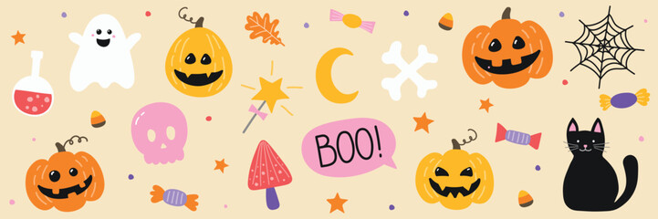 Collection of a hand drawn Halloween icons. Vector illustration