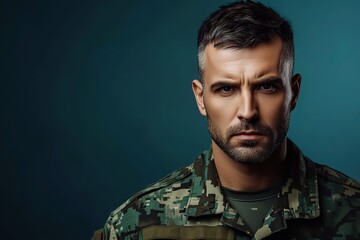 Military soldier in uniform on blue background