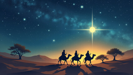 Traditional Epiphany scene with the Three Wise Men following the Star of Bethlehem across a desert under a glowing starry night sky