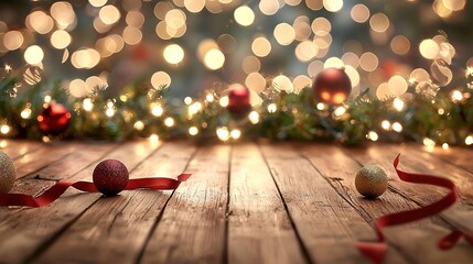   A clear wooden floor adorned with Christmas decorations, featuring a red ribbon at the edge and a focus-sharp Christmas tree in the background
