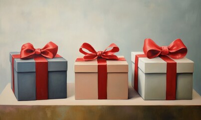 Obraz premium Three boxes of different sizes and colors, with red bows on them