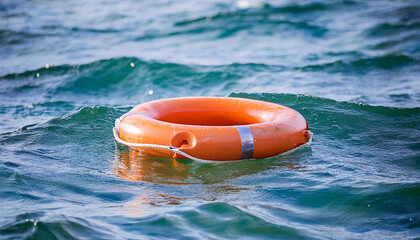Obraz premium Orange lifebuoy ring floating in sea water. Rescue equipment. Swim circle on wave. Safety life buoy