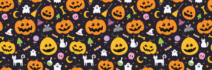 Halloween background with cute icons. Seamless pattern concept. Vector illustration