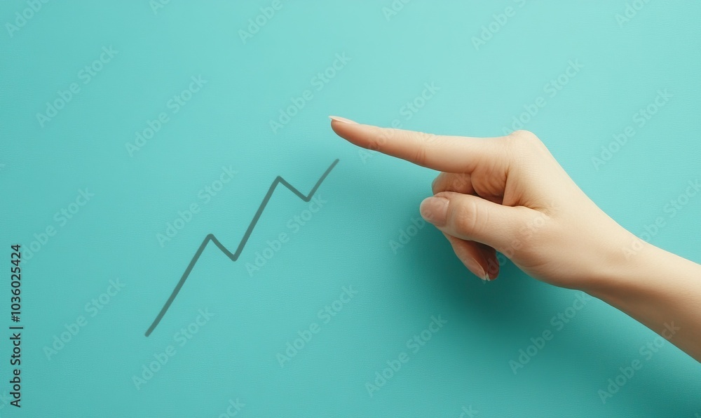 Poster hand points to rising curve on blue background capturing optimism and growth in minimalistic design