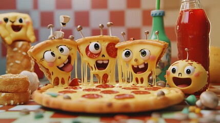 Obraz premium Pizza slices with googly eyes and pepperoni smiles, arranged in a playful scene with a glass of red juice and other food items.