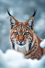 Obraz premium Close-up portrait of a lynx against a snowy background. Ideal for wild animal-themed advertising, nature projects, and environmental awareness campaigns.