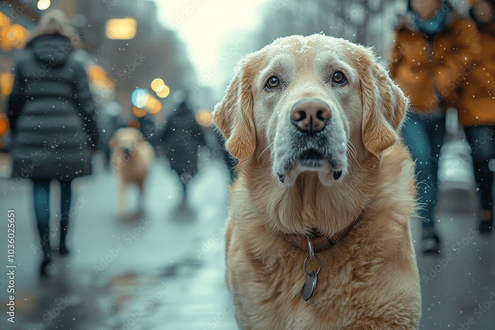 Poster a visually impaired person using a guide dog to navigate a busy street, highlighting independence. c