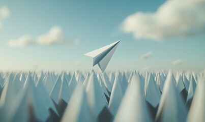 Group of paper plane in one direction and with one individual pointing in the different way. Business concept for new ideas creativity and innovative solution