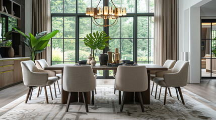 Obraz premium A stylish transitional dining room featuring a large wooden table with sleek modern legs