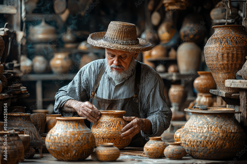 Poster a traditional craftsperson creating goods using methods passed down through generations. concept of 