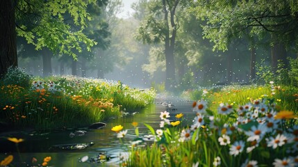 Peaceful forest glade with wildflowers and a trickling stream