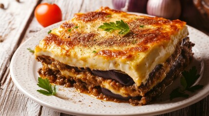 A delightful platter of Greek moussaka, layers of eggplant, minced meat