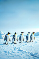 Group of emperor penguins standing on a snow-covered landscape in the Arctic. Perfect for wildlife photography, climate awareness campaigns, materials about polar regions, and nature-themed posters.