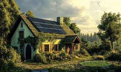 Obraz premium Beautiful houses with solar panels on the roof