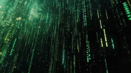 a digital rain of green binary code cascading down a dark black background, with a sense of movement and flow of information, symbolic of the digital age. image for big data concept background