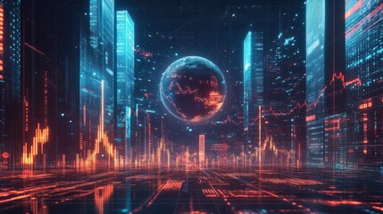 A digital representation of the Earth surrounded by data visuals and graphs in a futuristic financial setting at night