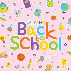 Colourful school background with cartoon icons. Vector illustration