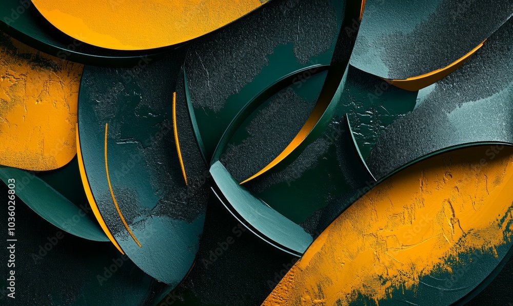 Poster unique abstract composition featuring dark green and yellow shapes creating a vivid interplay of col