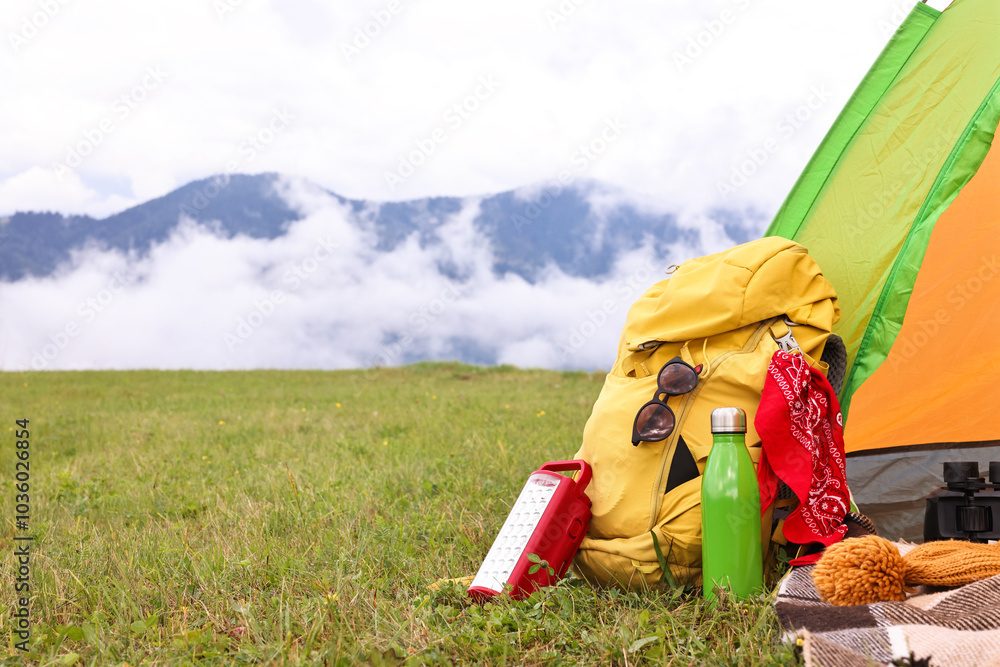 Wall mural Tent, backpack and camping equipment on green grass in mountains, space for text