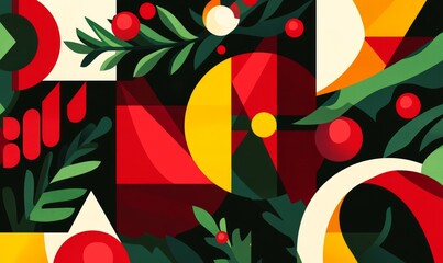 Vibrant abstract geometric Christmas wallpaper featuring bold shapes and festive colors amidst decorative foliage