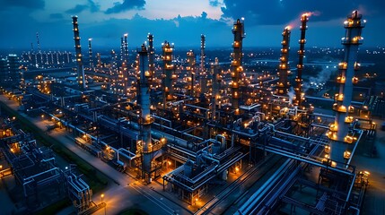 Fototapeta premium Illuminated Industrial Refinery at Night – Factory Skyline with Pipes and Towers.