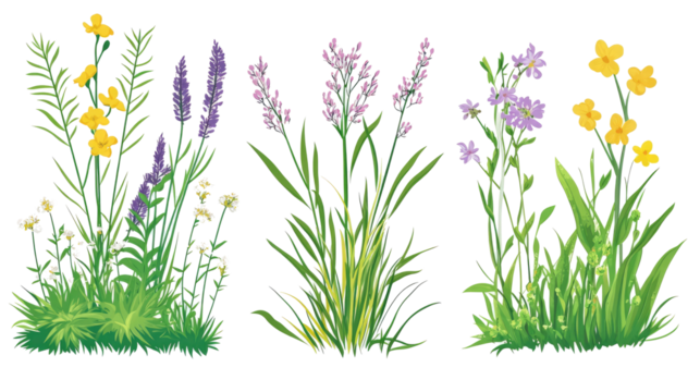 Set of Wild Grasses and Blooming Shrubs on a Transparent Background Generative AI