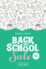 Back to School Sale card with hand drawn icons. Vector illustration