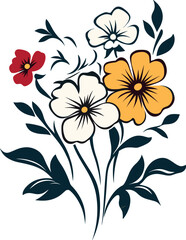Hand-Drawn Floral Bouquet Vector Art - Colorful Wildflower Illustration Featuring Red, Yellow, and White Blossoms with Green Leaves, Ideal for Botanical Prints and craft Projects.