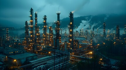 Fototapeta premium Illuminated Industrial Refinery at Night – Factory Skyline with Pipes and Towers.