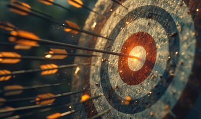 An arrow, shot by an archer, pierces the bullseye of a target, surrounded by other arrows, some hitting the target and others missing