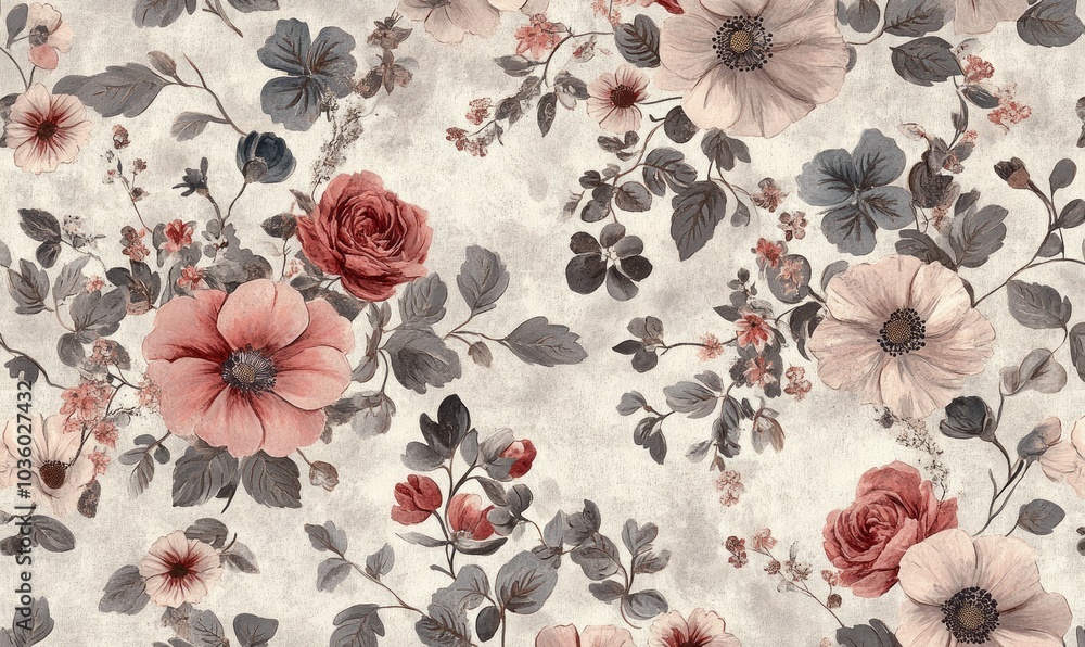 Poster vintage floral pattern in muted pinks and greys creates a nostalgic backdrop, reflecting an elegant 