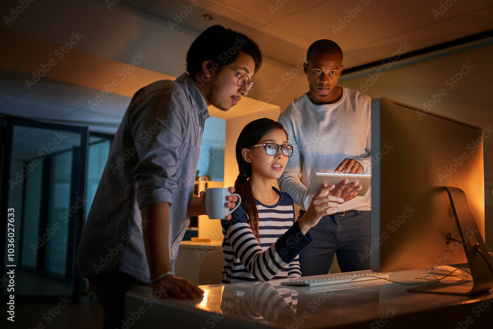 Poster Programmer, office and computer at night with staff and database developer team with software development. Planning, conversation and cybersecurity update with it people and web coding strategy