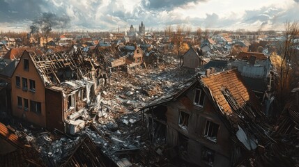 Devastated townscape with ruined homes after severe storm, overcast skies and debris scattered, hurricane concept