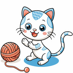 Cute funny cat playing with yarn balls, wool socks. Playful mischievous kitten in festive reindeer antlers. Feline Christmas fun, winter holiday. Flat vector illustration isolated on white background 