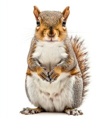 Obraz premium A cute squirrel sitting on its hind legs looking straight at the camera with its paws folded in front of it.