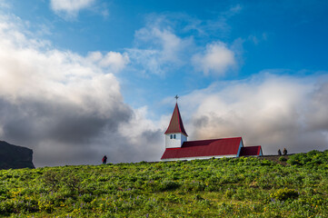 views of the church of the village of Vik j Mjrdal, Iceland