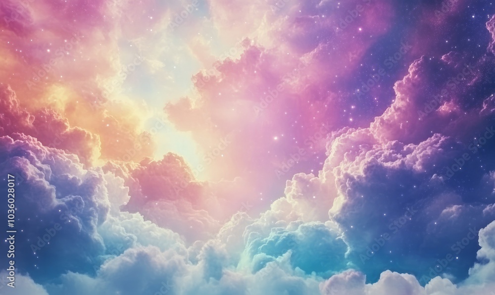 Poster an expansive space scene filled with vibrant nebulous clouds, capturing the immense scale and the ca