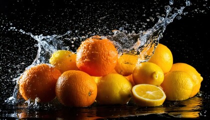 Splashing water on a handful of orange slices and lemon slices and green leaf blue background