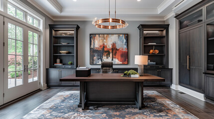 A stylish transitional home office with a dark wood desk and matching cabinetry