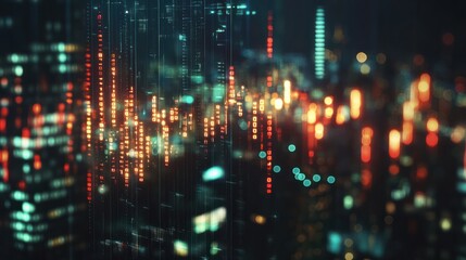 Abstract glowing big data forex candlestick chart on blurry city backdrop. Trade, technology, investment and analysis concept