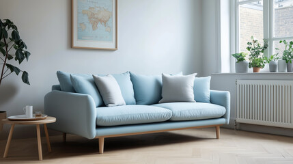 Minimalist interior design of modern living room with blue sofa and wooden side table
