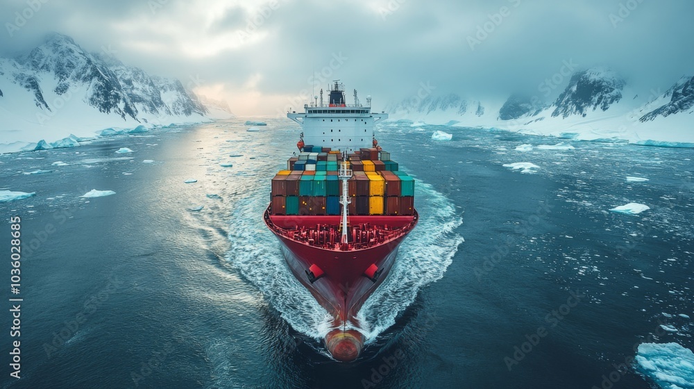 Aufkleber a cargo ship sails through the chilly waters of antarctica at dawn, cut through floating ice. the mo