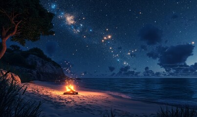 A serene beach at night with a glowing campfire under a starlit sky, perfect for a peaceful and relaxing getaway