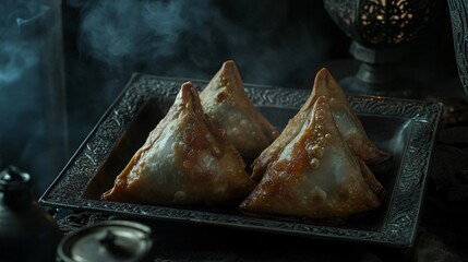 Samosa with caramelized onions, placed on a metallic tray, isolated against a dark, moody backdrop
