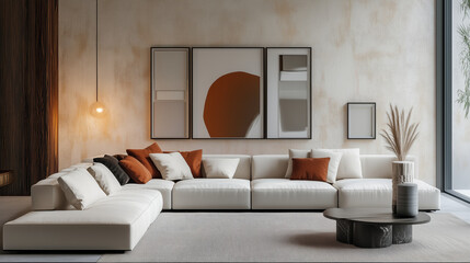 Minimalist interior design of modern living room with white sectional sofa and abstract wall art
