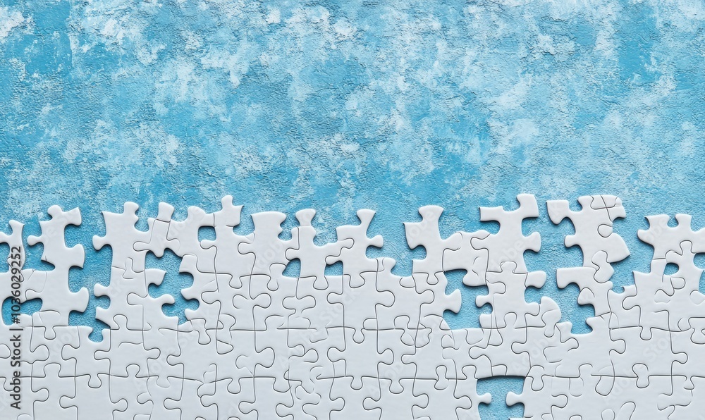 Poster a white jigsaw puzzle on a blue background with blank space for an image. creative banner. copy spac
